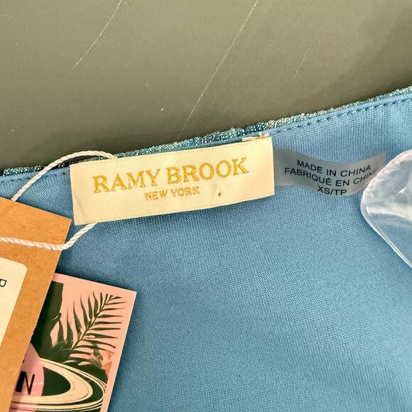 Ramy Brook Crop Top Blue Metallic Plisse Long Sleeve Blouse V-Neck, Designer XS - Picture 5 of 8